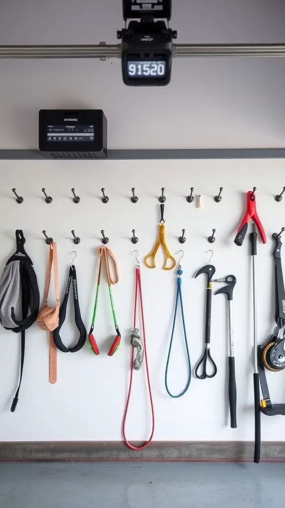 A garage wall with various hooks displaying tools and accessories for organization.