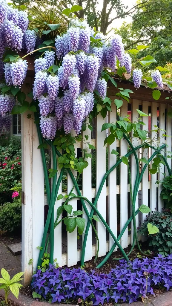 Purple wisteria climbing on a white fence with green leaves and purple flowers at the base
