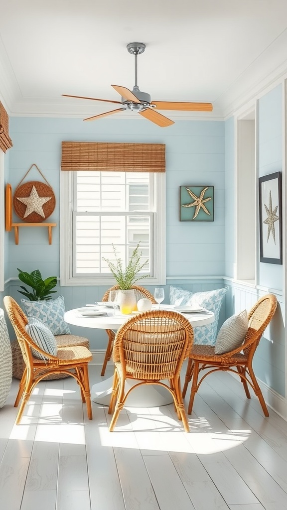 17 Cozy Dining Nook Ideas for Your Home 6 A bright coastal dining nook with rattan chairs, a round table, nautical decor, and plants.