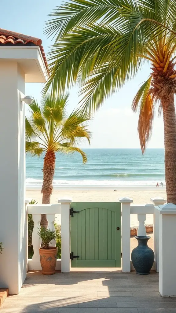15 Stunning Sage Green Exterior Doors to Inspire Your Home Makeover 4 A sage green gate leading to a beach view with palm trees.