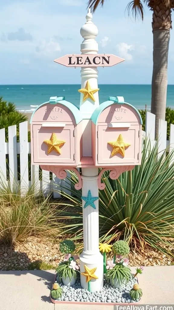 Colorful double mailbox post with starfish accents in a coastal setting