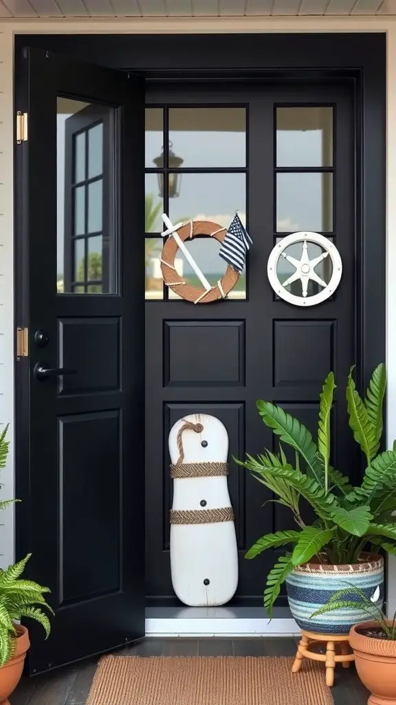 19 Stunning Black Front Door Ideas to Elevate Your Curb Appeal 17 A black front door with nautical decorations including a ship's wheel, a decorative wreath, and a white buoy, surrounded by green plants.
