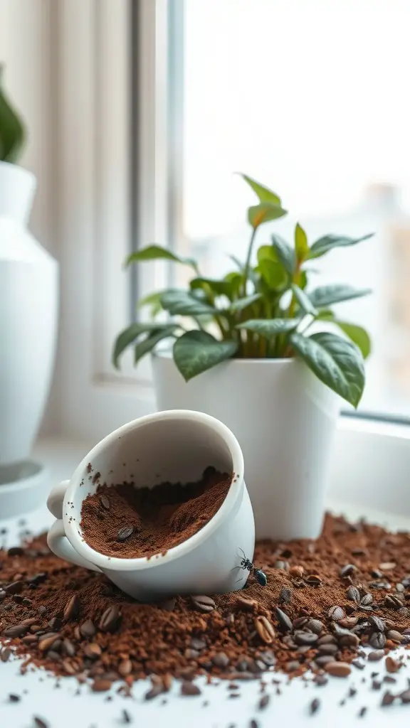 15 Effective DIY Indoor Ant Repellents You Can Make at Home 4 A tipped-over cup of coffee grounds spilling onto a surface, with a small plant nearby.
