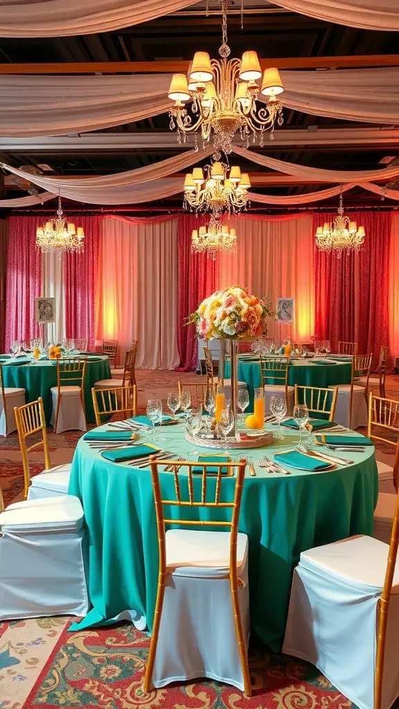 23 Stunning Banquet Decoration Ideas for Your Next Event 14 Elegant banquet decoration with turquoise tables, golden chairs, and warm lighting