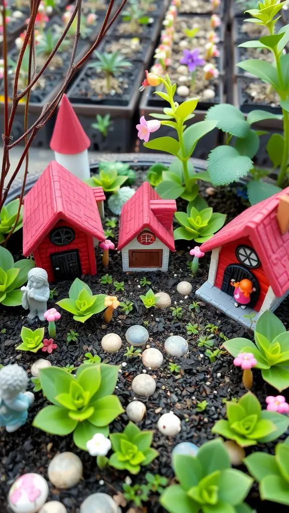 21 Stunning Coleus Planter Ideas to Transform Your Garden 13 A colorful fairy garden with miniature houses, plants, and decorative stones.