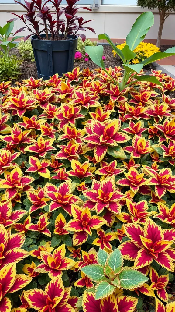 21 Stunning Coleus Planter Ideas to Transform Your Garden 11 Vibrant coleus plants in red and yellow as ground cover in a garden setting.