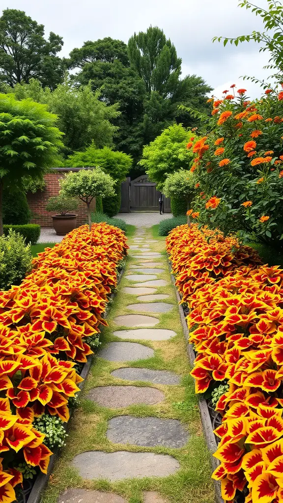 21 Stunning Coleus Planter Ideas to Transform Your Garden 4 Vibrant coleus plants border a stone pathway, creating an inviting garden scene.