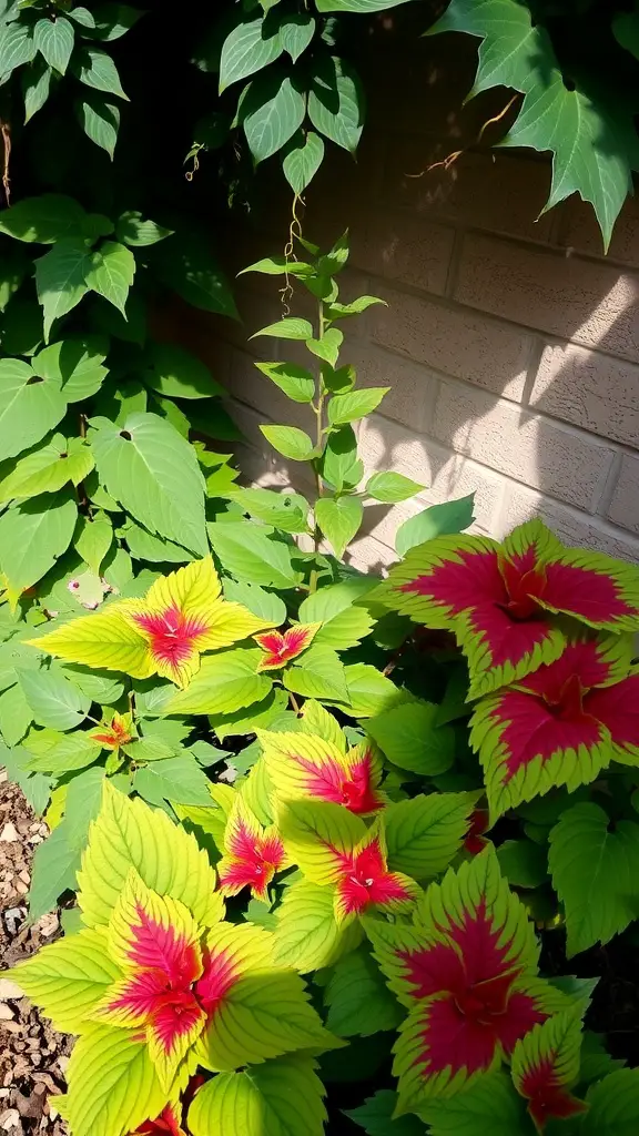 21 Stunning Coleus Planter Ideas to Transform Your Garden 14 Colorful coleus plants with yellow and red leaves growing in a shaded area.