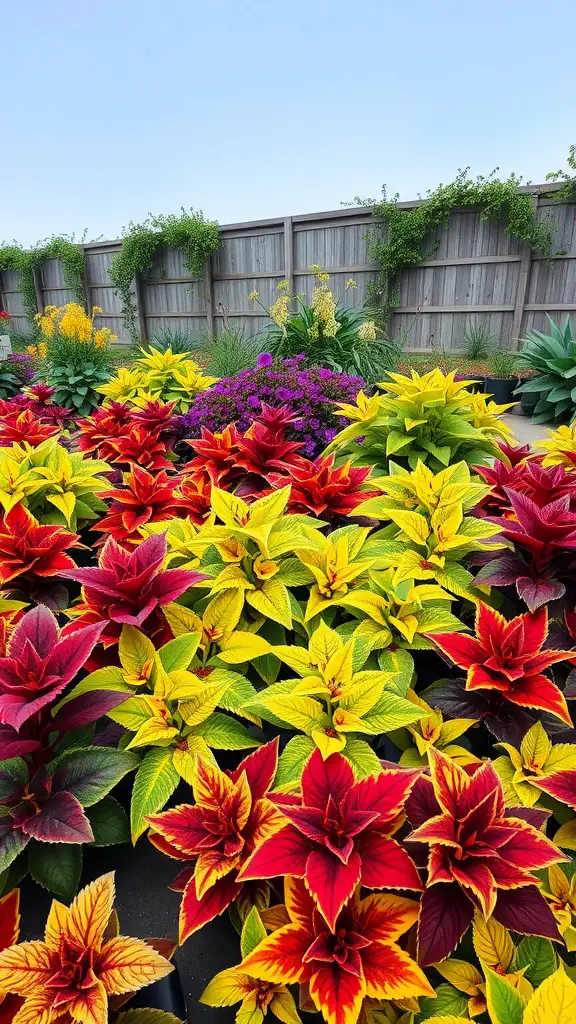21 Stunning Coleus Planter Ideas to Transform Your Garden 15 A vibrant display of coleus plants in various shades of red, yellow, and green, arranged in a garden setting.