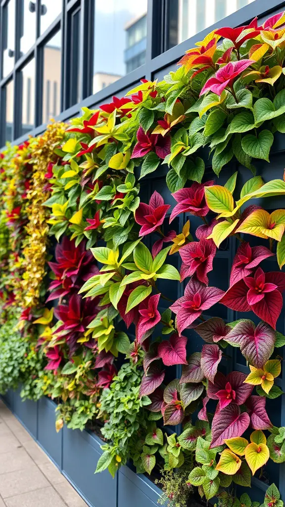 21 Stunning Coleus Planter Ideas to Transform Your Garden 6 A vertical garden filled with colorful coleus plants in various shades of red, green, and yellow.