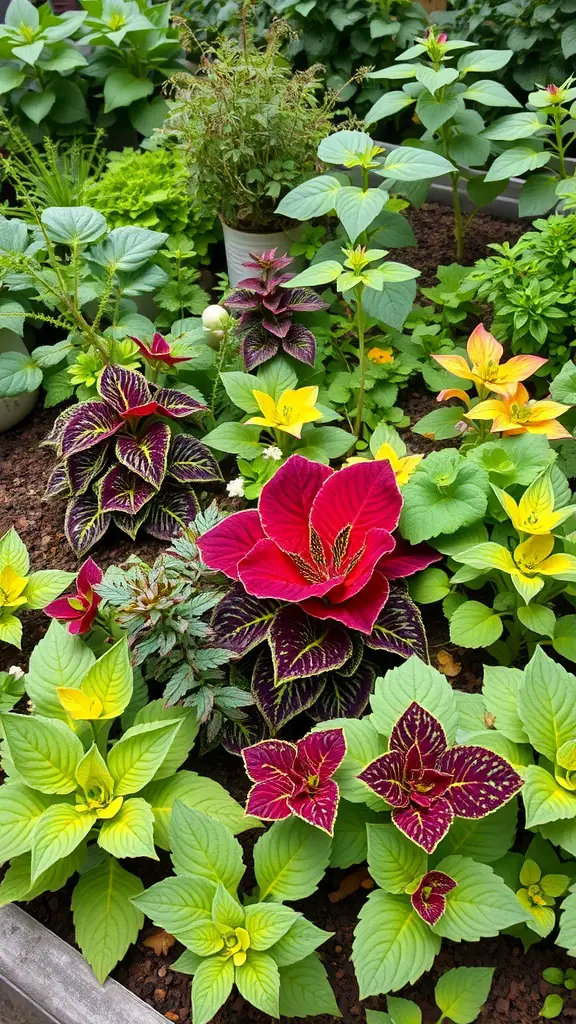 21 Stunning Coleus Planter Ideas to Transform Your Garden 5 A colorful display of various coleus plants in a garden setting.