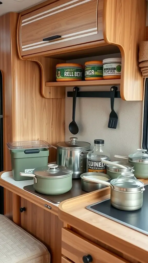 19 Clever Camper Storage Ideas for Your Next Adventure 2 A compact camper kitchen showing collapsible kitchenware including pots and storage containers