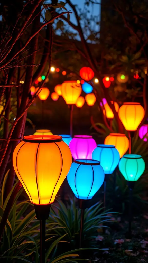 21 Creative Garden Lantern Ideas to Illuminate Your Outdoor Space 14 A garden filled with colorful lanterns glowing in various shades of blue, orange, pink, and green.