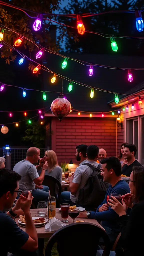 17 Stunning Backyard String Lights to Transform Your Outdoor Space 4 A gathering of friends enjoying a backyard party with colorful string lights hanging above.