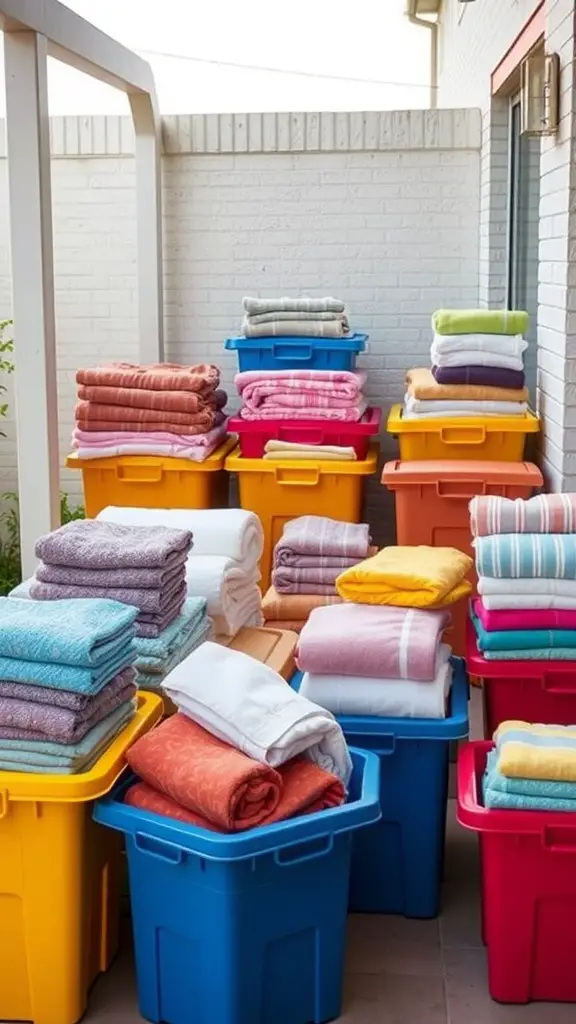 27 Creative Pool Towel Storage Solutions You Need to Try 11 Color-coded storage bins filled with neatly folded pool towels in various bright colors.