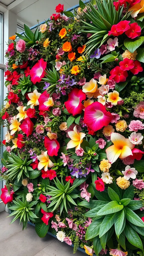 25 Stunning Floral Indoor Plant Wall Ideas for Your Home 10 A vibrant floral indoor wall featuring a mix of colorful flowers and lush greenery.