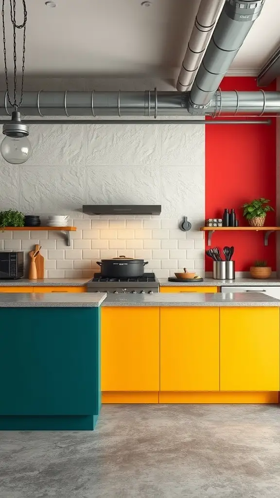 Colorful industrial kitchen with teal and yellow cabinets and a red accent wall