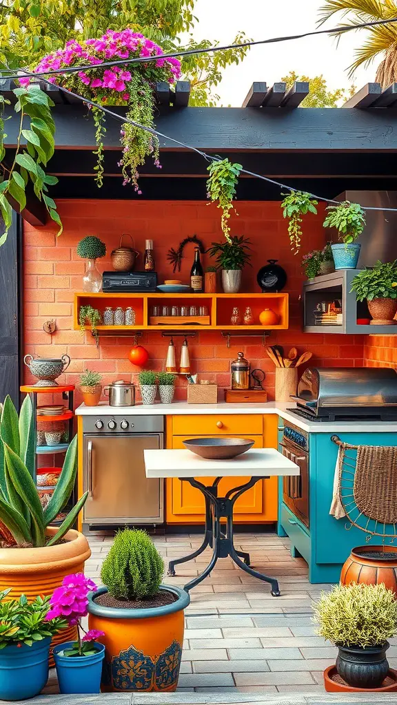 19 Stunning Covered Outdoor Kitchen Design Ideas You’ll Love 14 A vibrant outdoor kitchen featuring orange cabinetry, potted plants, and string lights.