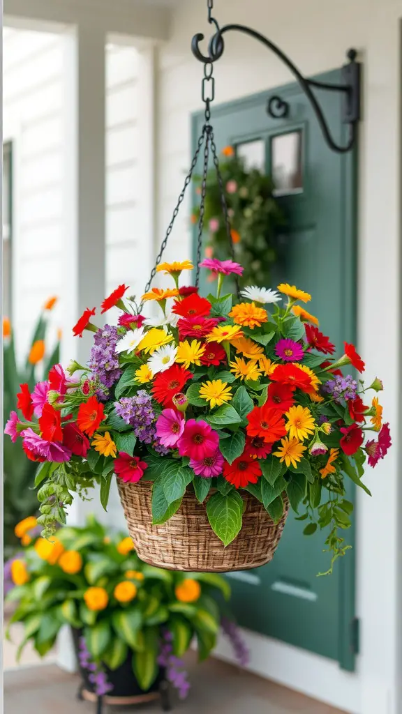 A vibrant hanging basket filled with colorful annual flowers like red, yellow, and purple blooms, hanging near a door.