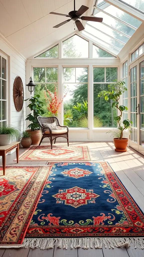 A sunroom featuring two colorful area rugs, one blue and red with intricate patterns, and a lighter complementary rug, surrounded by plants and natural light.