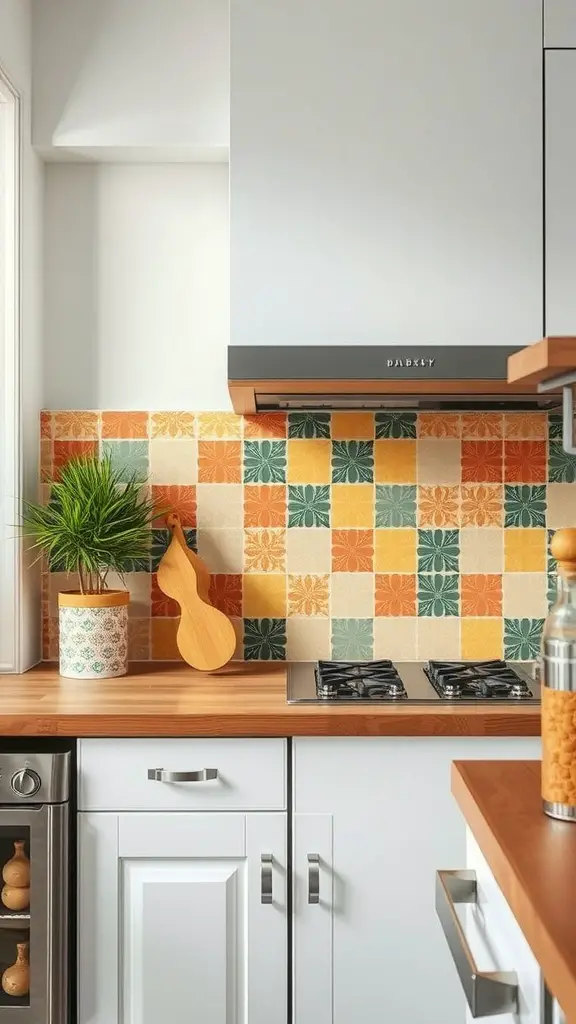 Colorful backsplash with orange, yellow, and green tiles in a small kitchen.