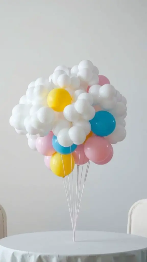 A colorful balloon clouds centerpiece featuring pastel balloons in white, pink, blue, yellow, and green.