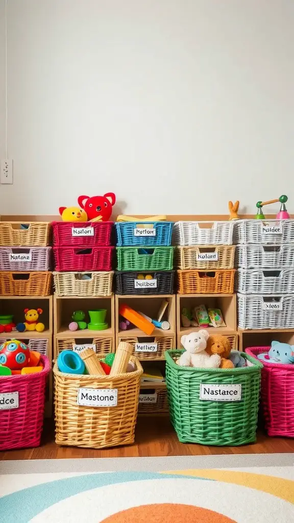 Colorful storage baskets for organizing toys in a playroom.