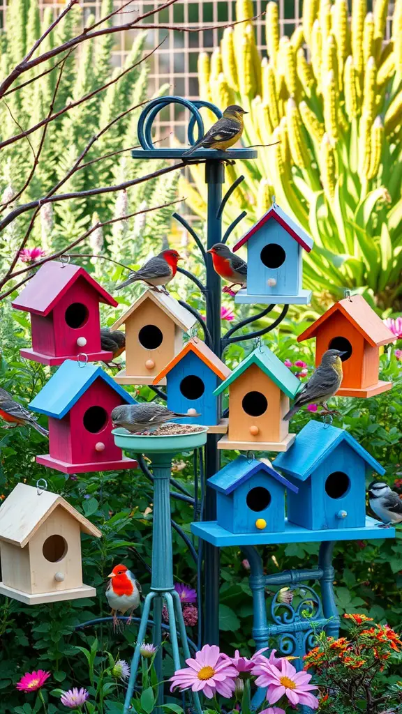 Colorful birdhouses and feeders in a garden with blooming flowers and birds
