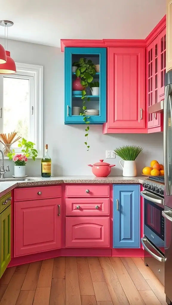 27 Whimsical Kitchen Ideas to Transform Your Cooking Space 12 Colorful kitchen cabinets in pink, blue, and green with plants and modern appliances.