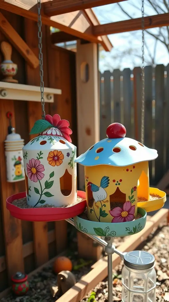 15 Creative Chicken Coop Decor Ideas to Enhance Your Backyard 6 Two colorful chicken feeders hanging in a garden, one with floral patterns and the other with bird designs.