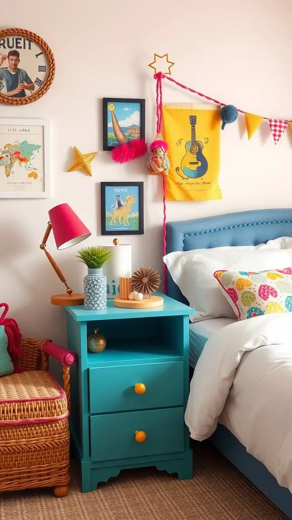 21 Stunning Bedside Table Ideas for Every Style 7 A colorful bedside table with a turquoise finish, topped with a lamp and decorative items, next to a cozy chair and vibrant wall art.