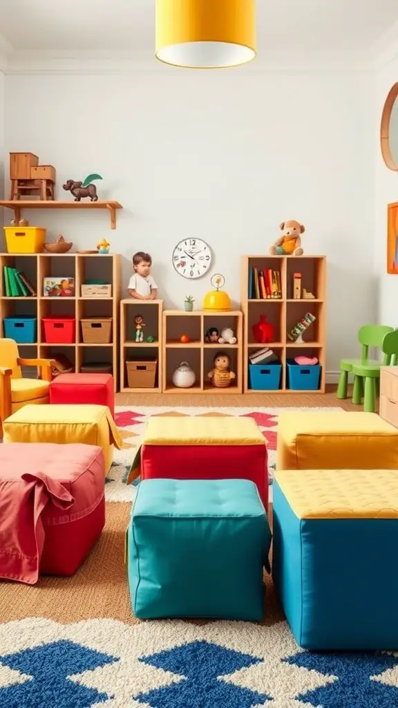 A colorful kids' room featuring various fabric ottomans in red, yellow, and blue, surrounded by toys and books.