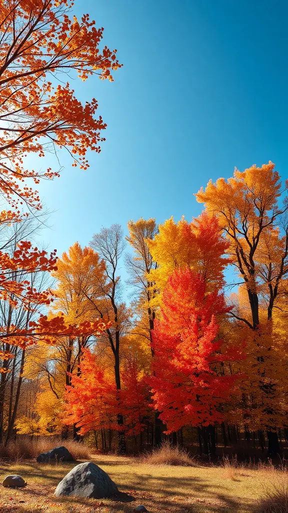 A vibrant display of colorful fall foliage with trees in shades of orange, yellow, and red under a clear blue sky.