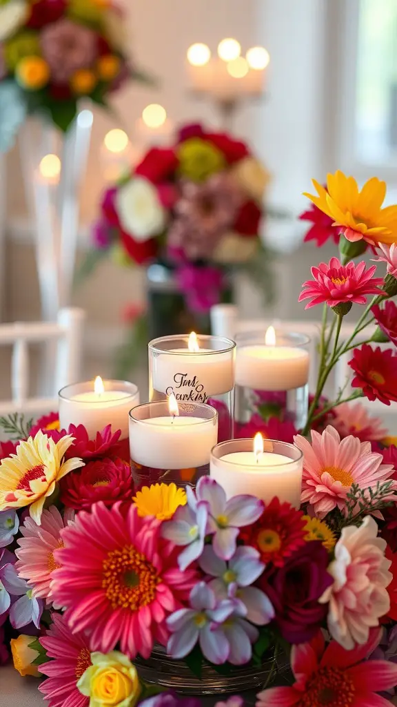 Floating candles surrounded by colorful flowers in a wedding centerpiece