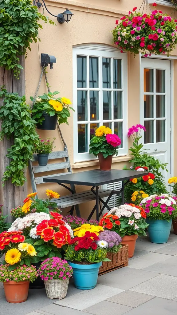 23 Charming French Patio Ideas to Transform Your Outdoor Space 5 A vibrant patio filled with colorful flower arrangements in pots and hanging baskets.