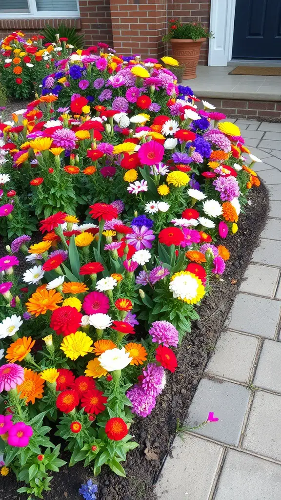 19 Stunning Small Front Yard Landscaping Ideas 8 A vibrant flower bed with various colored flowers along a pathway.