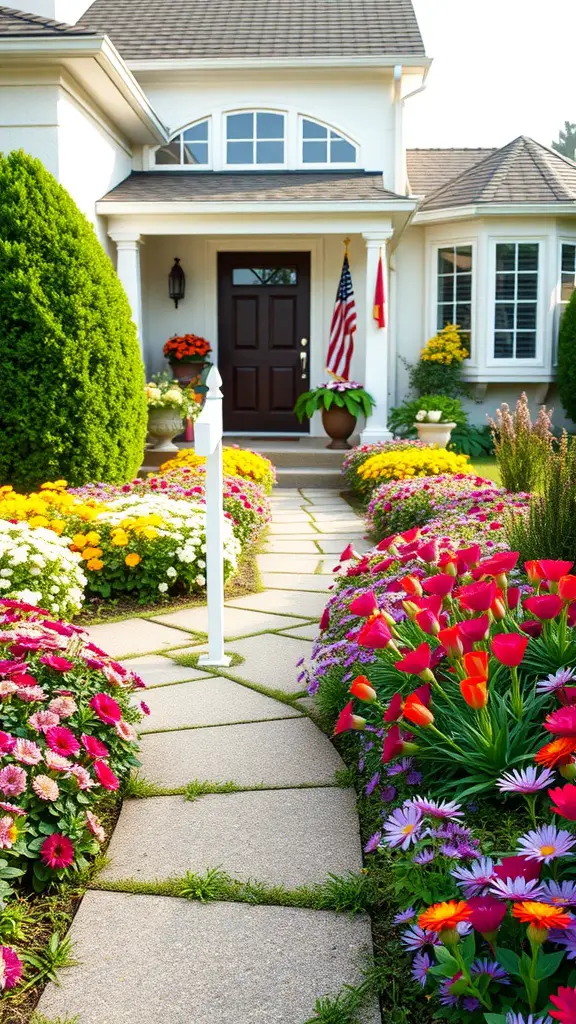 Colorful flower beds lining a pathway leading to a front door, with a variety of blooming flowers and green shrubs.