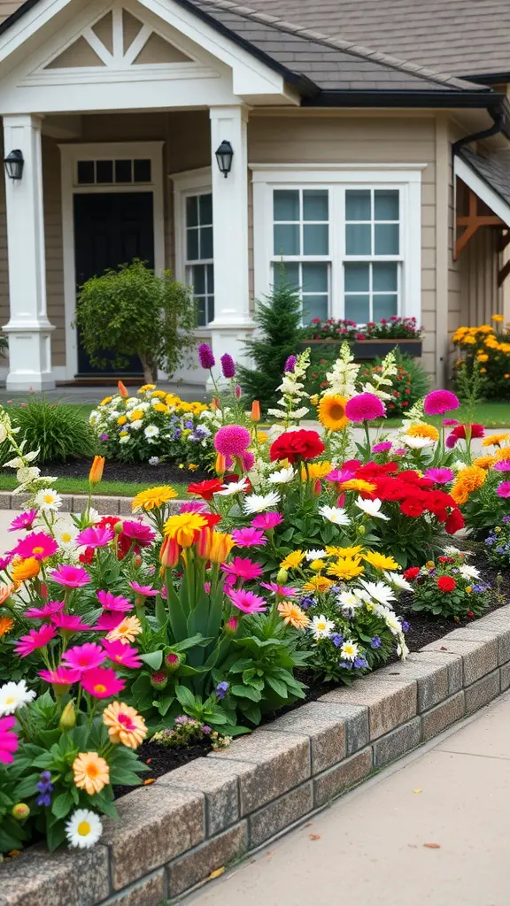 19 Stunning Landscaping Ideas for Your Home's Exterior 6 Colorful flower beds with various blooms in front of a house, enhancing its curb appeal.