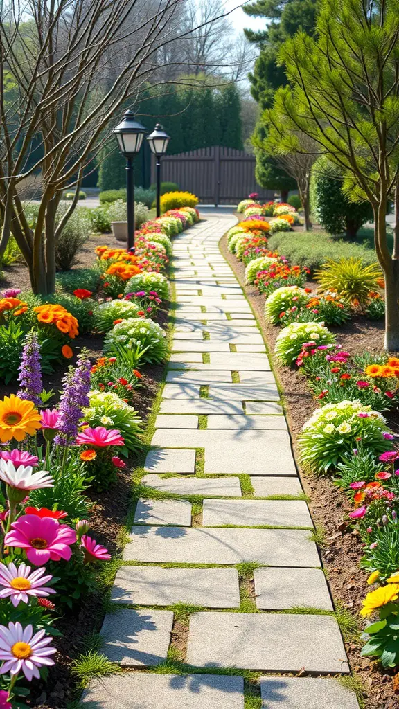 A beautiful garden pathway lined with colorful flowers, leading to a gate.