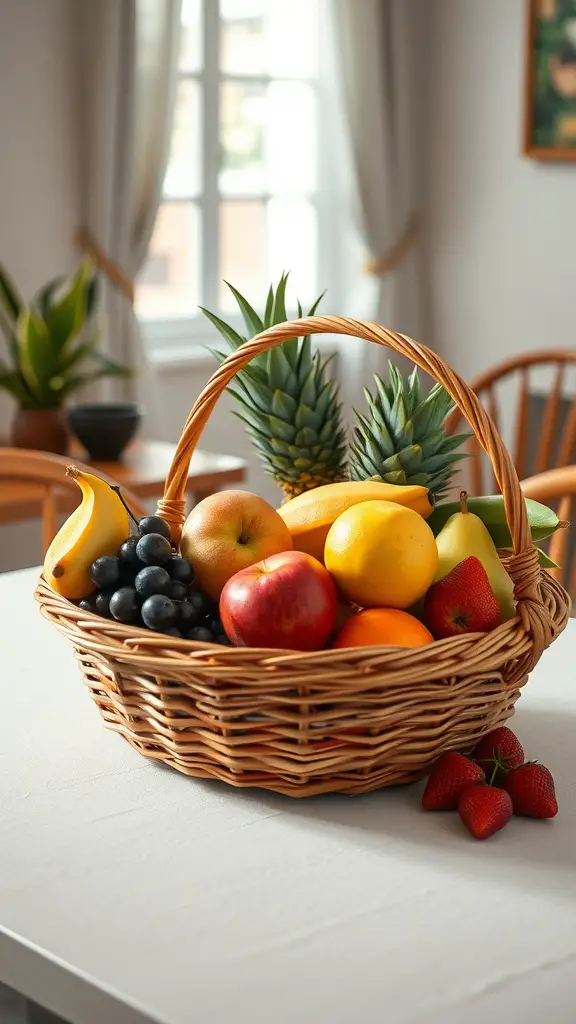 29 Stunning Dining Table Centerpieces for Every Occasion 6 A colorful fruit basket filled with various fruits on a dining table.