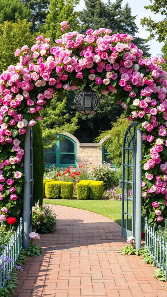 A beautiful garden arch covered in pink roses, leading to a path through a lush garden.