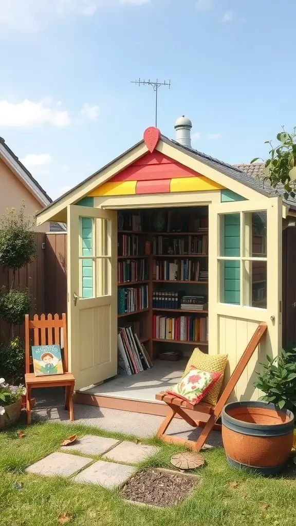13 Cozy Garden Reading Nook Ideas for Book Lovers 15 Colorful garden shed library with open doors, books inside, and cozy seating outside.