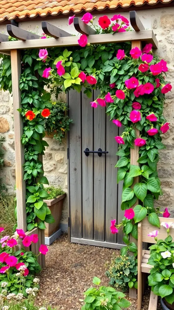 A garden trellis covered in colorful flowers leading to a wooden door