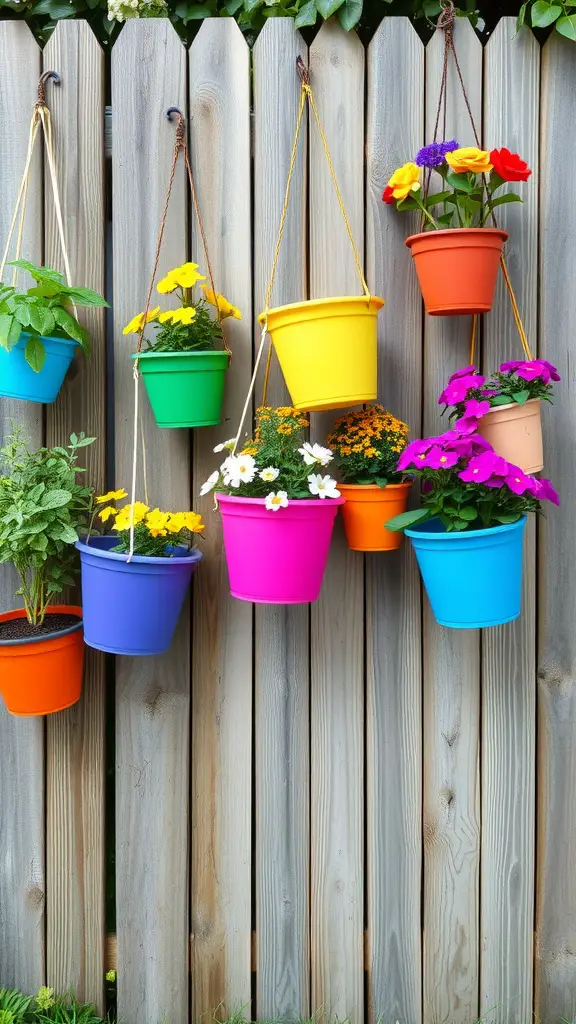 17 Creative Hanging Garden Ideas for Your Home and Balcony 11 Colorful hanging flower pots in vibrant colors arranged on a wooden fence