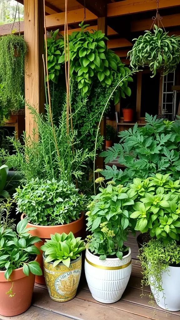 27 Creative Enclosed Garden Ideas for Your Outdoor Oasis 14 Colorful herb garden featuring various herbs in decorative pots.