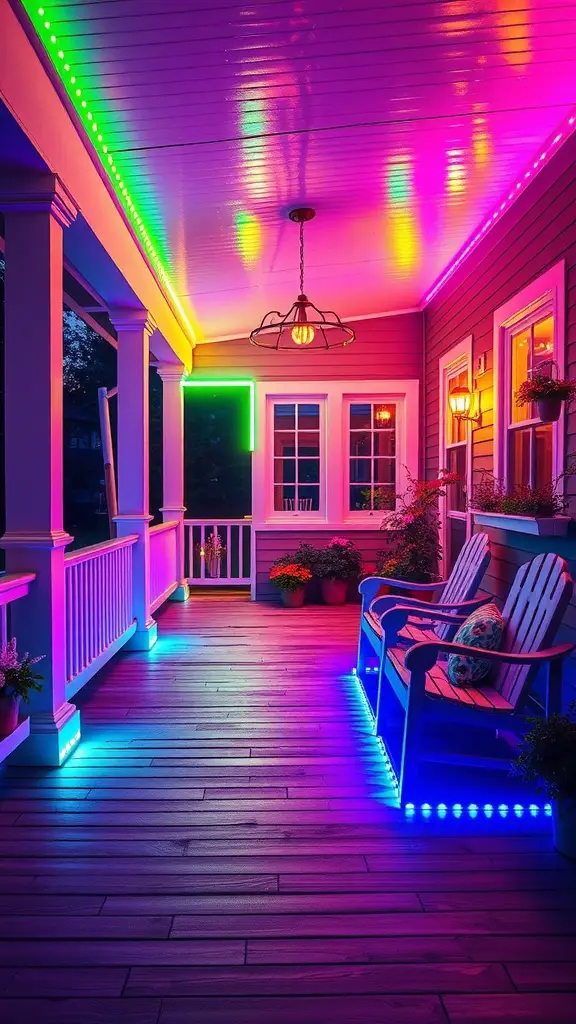 A vibrant porch illuminated with colorful LED strip lights along the ceiling and floor, featuring cozy seating and warm lighting.