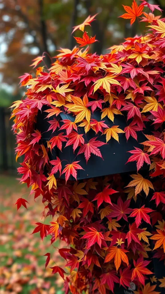 A mailbox covered in colorful maple leaves, showcasing vibrant red, orange, and yellow foliage