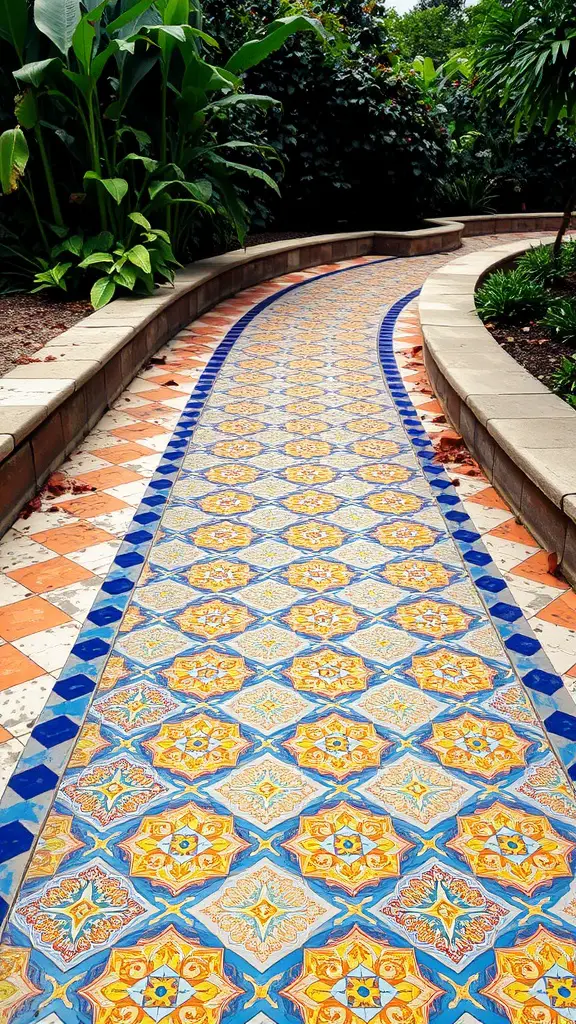 21 Stunning Pathway Landscaping Ideas to Enhance Your Outdoor Space 2 A colorful mosaic tile pathway winding through lush greenery.