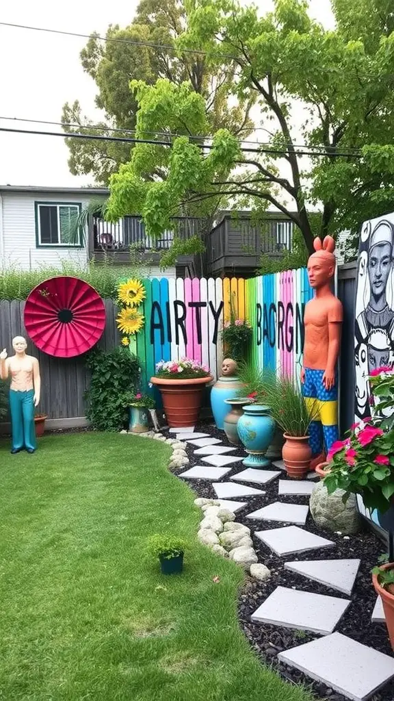 19 Modern Backyard Landscaping Ideas to Transform Your Outdoor Space 13 A colorful backyard with playful sculptures and vibrant wall art.