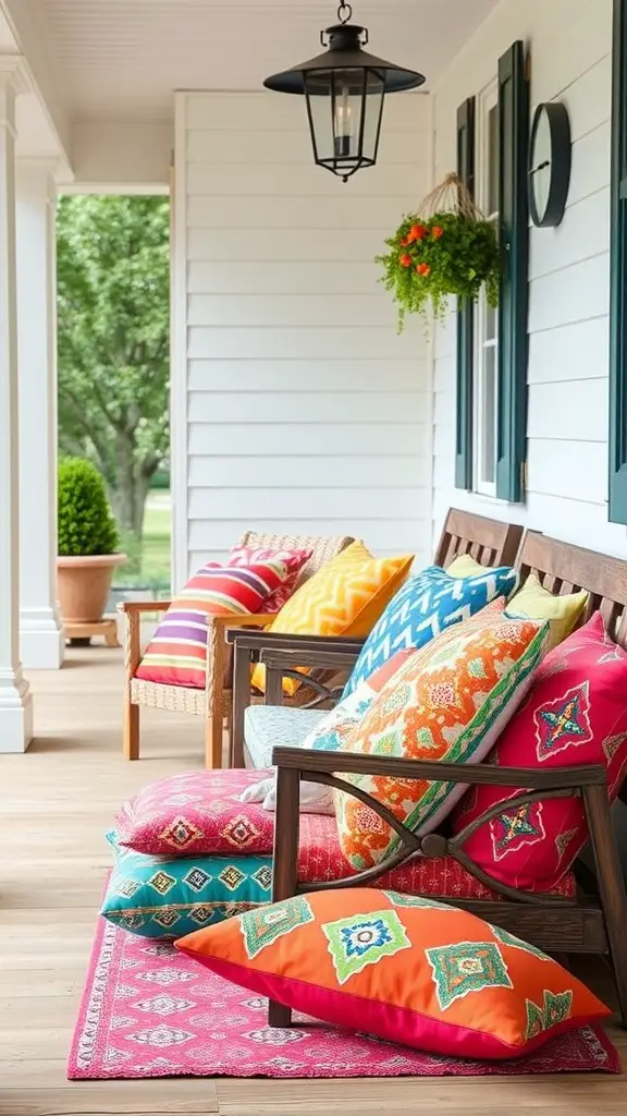 Colorful outdoor cushions on a farmhouse porch